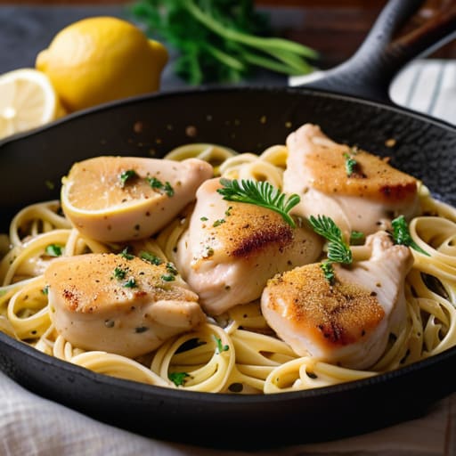 The "Everything" Lemon Chicken Pasta in skillet.