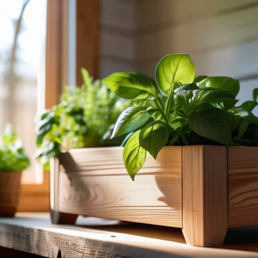 A simple herb planter box made of wood.