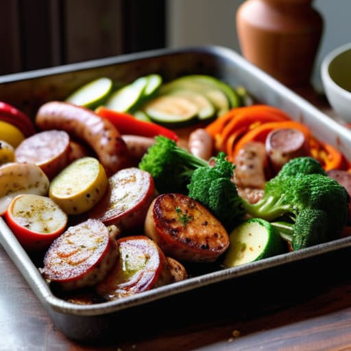 Sheet Pan Sausage and Veggies on baking sheet.