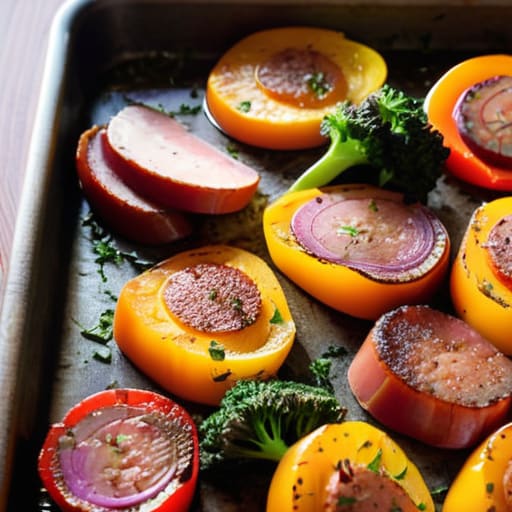 Sheet Pan Sausage and Veggies on tray.