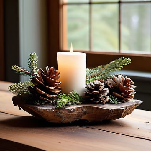 Rustic foraged nature centerpieces with pinecones.